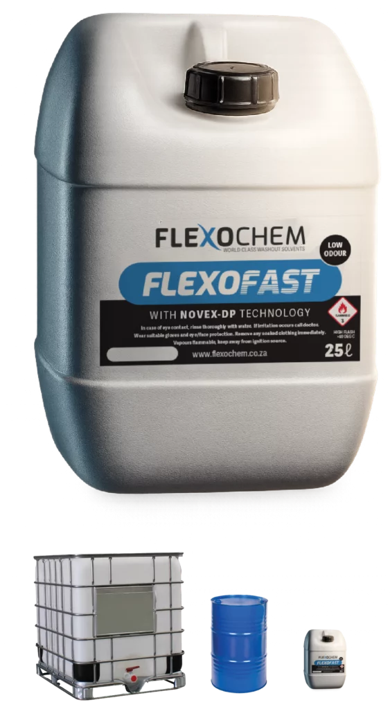 FlexoFast 25L washout solvent container with IBC, drum, and small canister packaging options