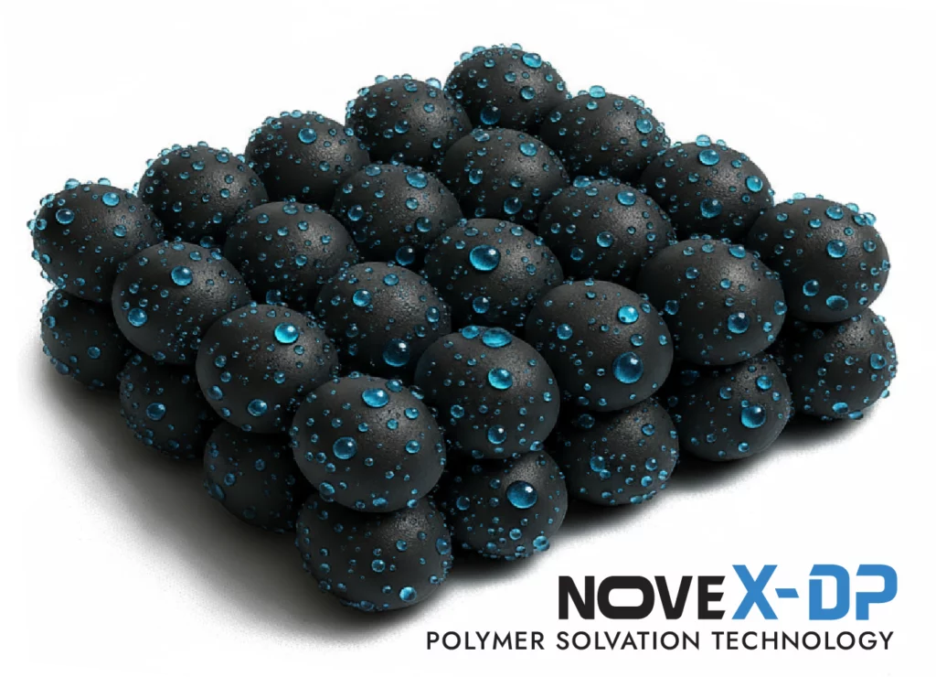 NOVEX-DP polymer solvation technology graphic with water-coated spheres for FlexoFast solvent