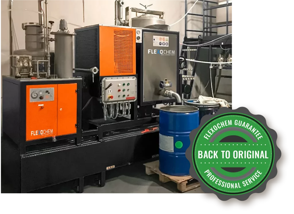 FlexoChem solvent recovery unit with blue solvent drum and Back to Original guarantee badge