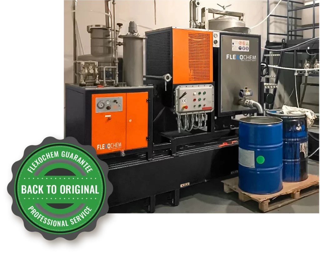 FlexoChem solvent recovery unit with blue solvent drum and Back to Original guarantee badge