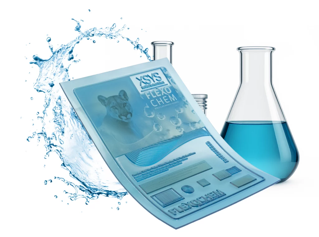 FlexoChem flexographic plate with chemical beakers and water splash for FlexoFast Solvent