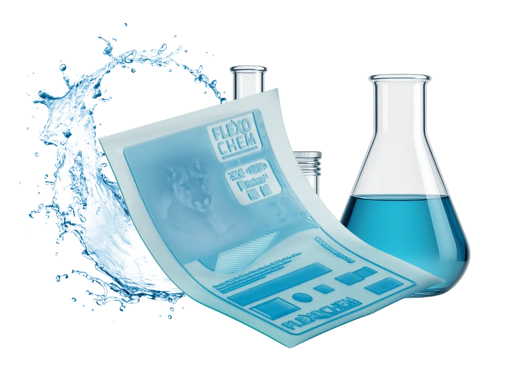 FlexoChem flexographic plate with chemical beakers and water splash for FlexoFast Solvent