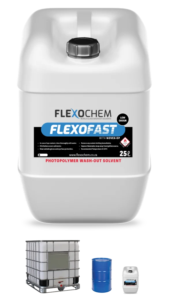 FlexoFast 25L washout solvent container with IBC, drum, and small canister packaging options
